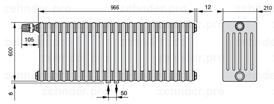 Схема (чертеж) Радиатор Zehnder Charleston 6060/21 №V007 Белый глянцевый RAL 9016